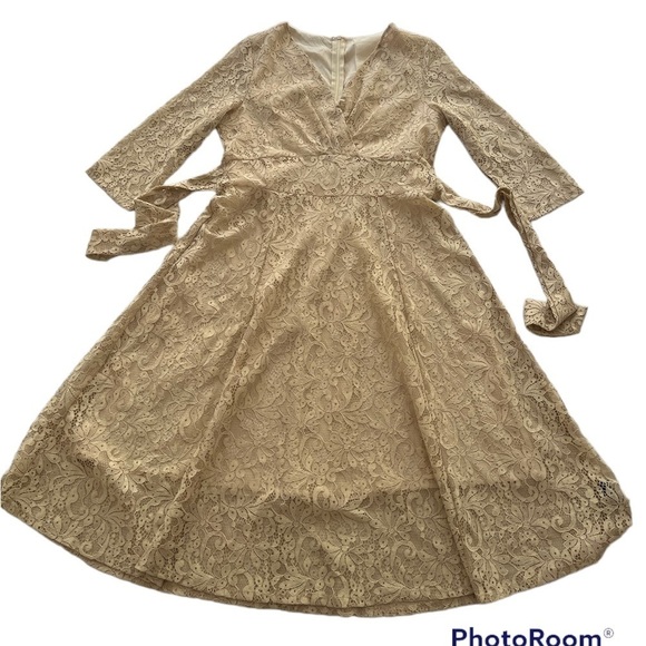 NEW ECRU Size 10 or 12. Lace Midi long sleeve v-neck special occasion Dress NWT - Picture 3 of 12